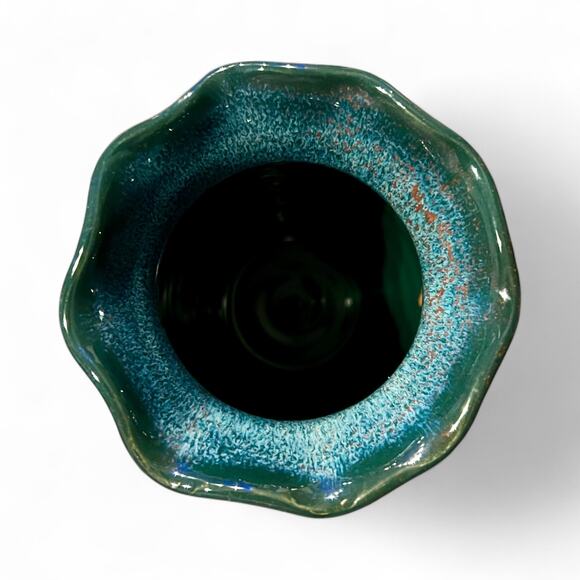 DK Clay Ocean Blue Ruffle Rim Vase-North Carolina Studio Pottery-6''-Stoneware - Picture 6 of 7